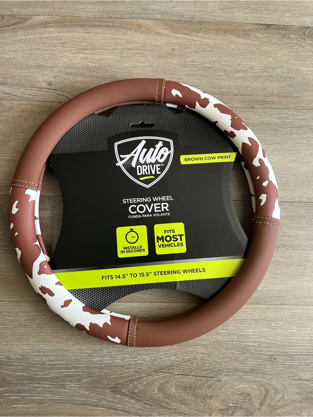 Auto Drive Brown Cow Print Steering Wheel Cover